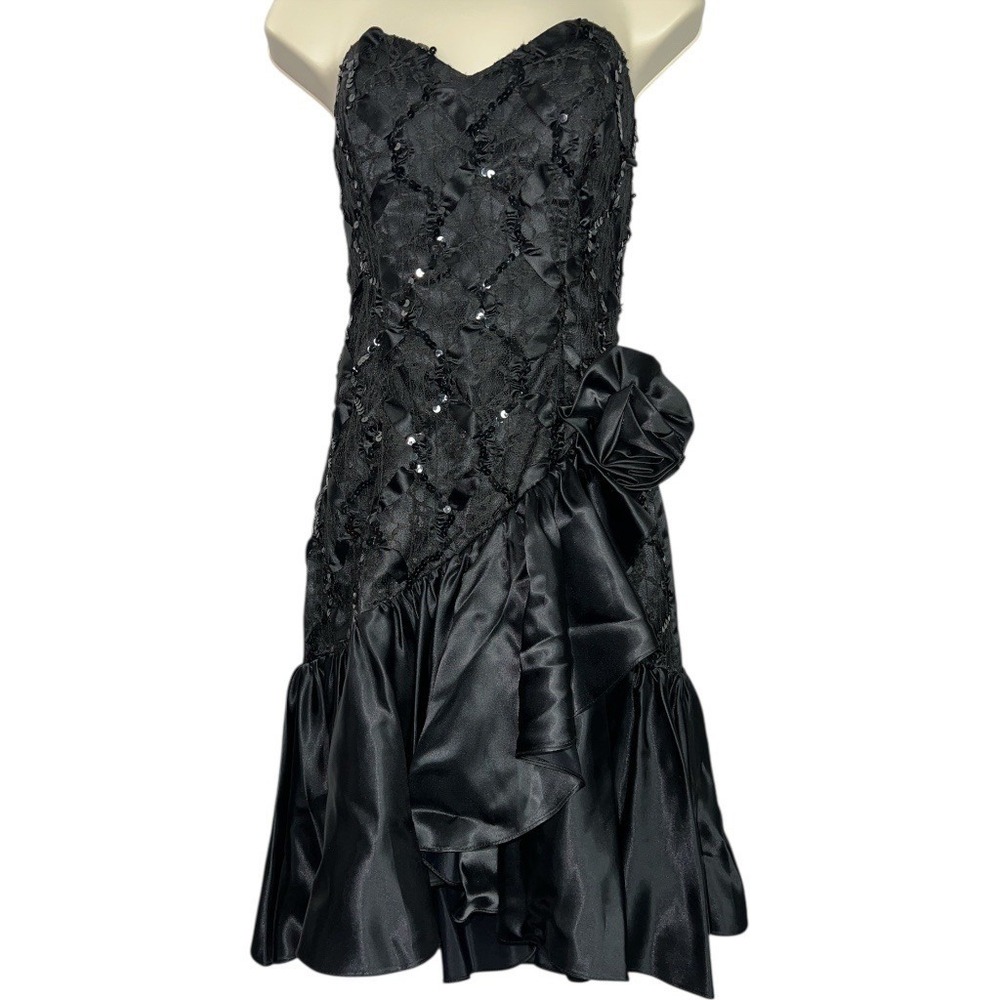 Vintage Steppin Out Black Lace Sequin Strapless Party‎ Dress 5  XS Prom Glam 80s
